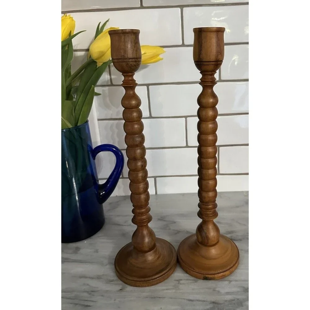 Vintage Wood Turned  Victorian Style Spindle Candlestick Holders Set 2 Indonesia